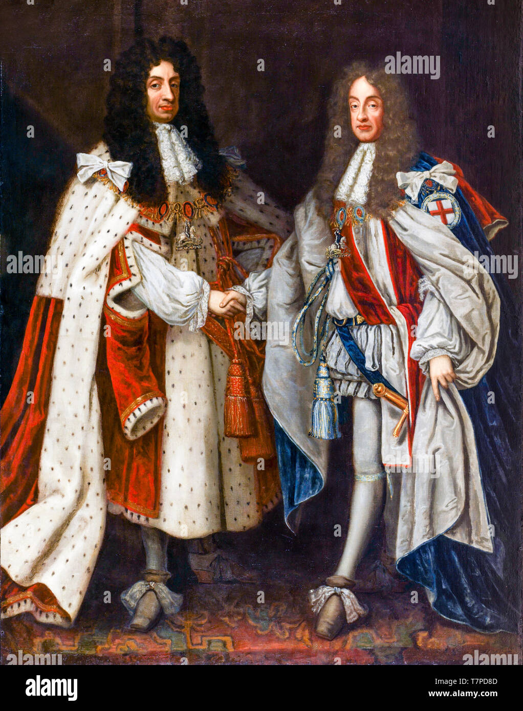 Doppio Ritratto di Carlo II d'Inghilterra (1630-1685), regnò 1660-1685 e Re Giacomo II d'Inghilterra e VII di Scozia (1633-1701) regnò 1685-1688, dipinto del 17th secolo Foto Stock