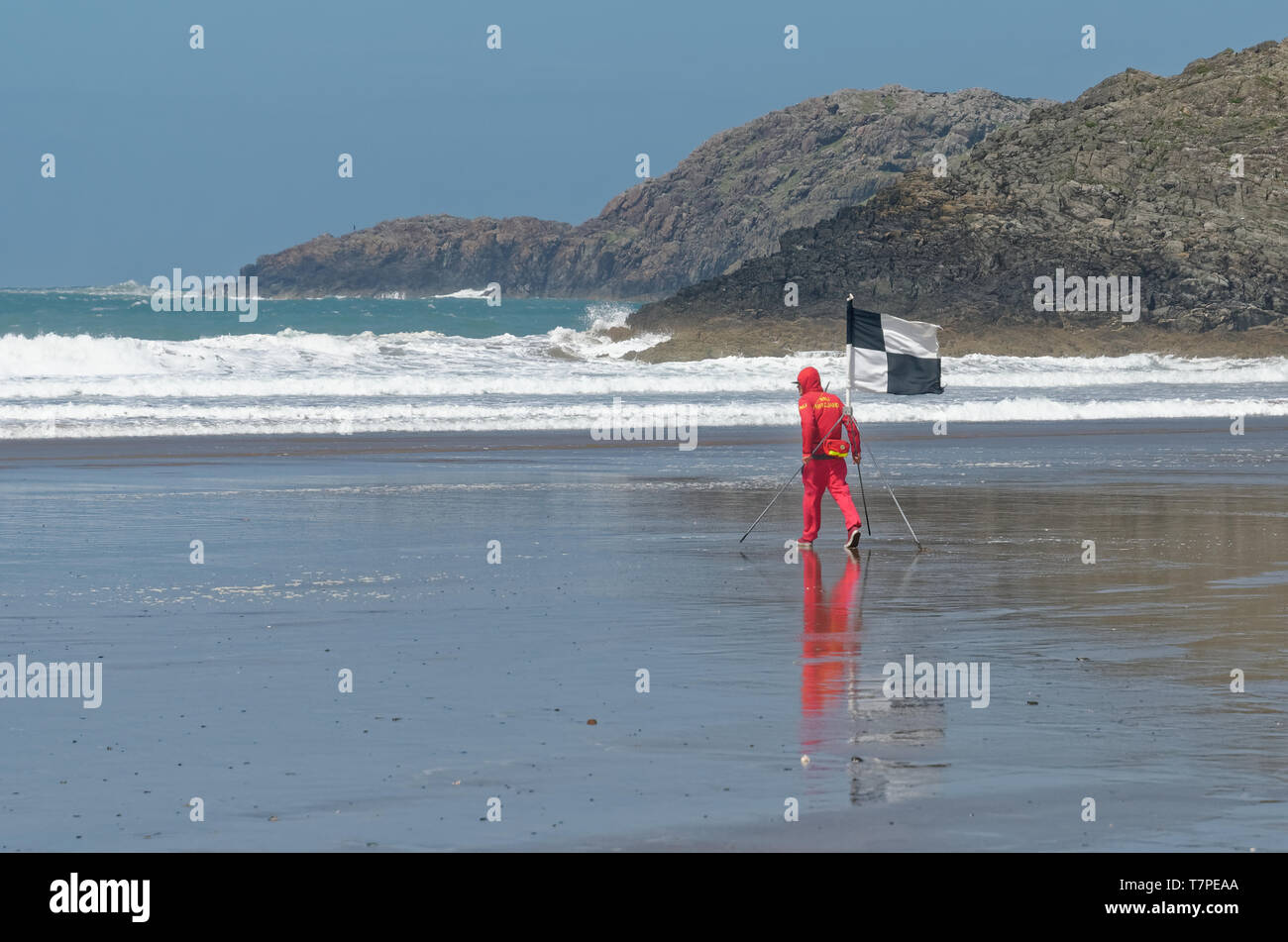 Surf lifesaving, stile gallese, come bagnino mette fuori le bandiere in una fredda giornata a Whitesands Bay su Il Pembrokeshire Coast Path nel Galles occidentale Foto Stock