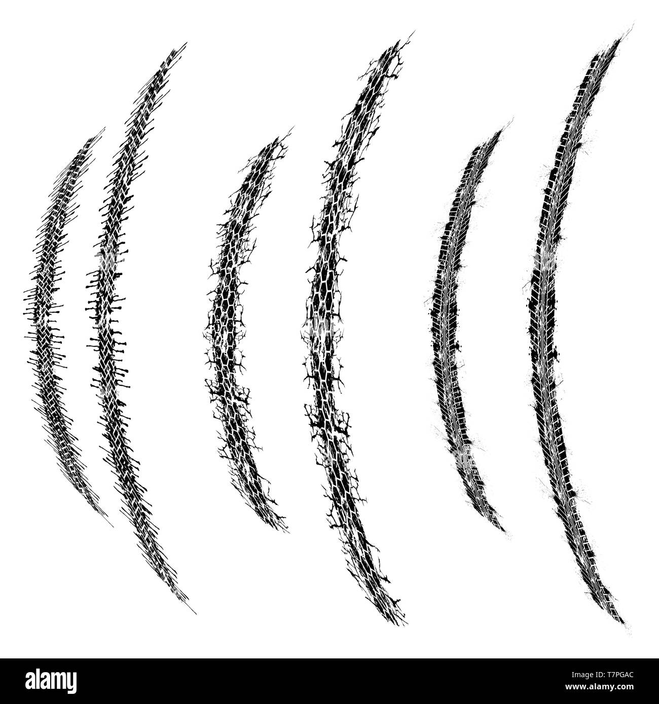 Set di tre tracce di pneumatici con diversi spruzzi di grunge Illustrazione Vettoriale