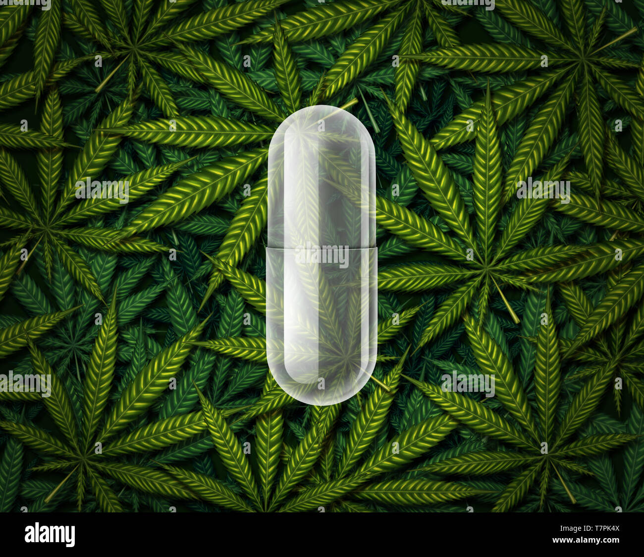 La marijuana la prescrizione di farmaci e integrare le capsule come un simbolo di medicinali della pentola o medico di medicina di erbacce come un gruppo di foglie di cannabis. Foto Stock