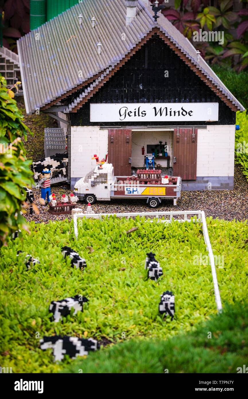 Danimarca, nello Jutland, Billund, LEGOLAND® Billund è il primo parco Legoland fondata nel 1968, vicino alla sede della LEGO® Azienda (il termine Lego è derivata dalla gamba danese godt significato gioca bene), è costituito dei seguenti spazi: qui un caseificio di Miniland vero animato il mondo in miniatura, ma anche Legoredo Town, zona di immaginazione, Cavalieri' unito, DUPLO Land, pirata Land, Lego City, Dino Island, città del divertimento, avventura Land, Lego X-Treme , il traffico, Regno dei faraoni, terra dei vichinghi, Foto Stock
