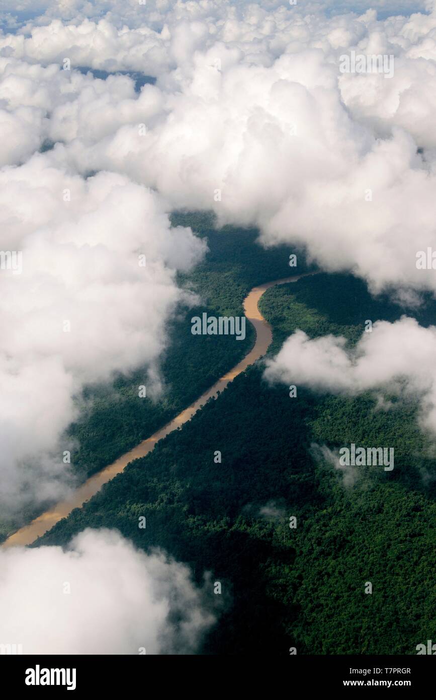 La Malesia, Borneo Sarawak, Parco Nazionale di Gunung Mulu elencati come patrimonio mondiale dall' UNESCO, veduta aerea della foresta pluviale e il fiume Foto Stock