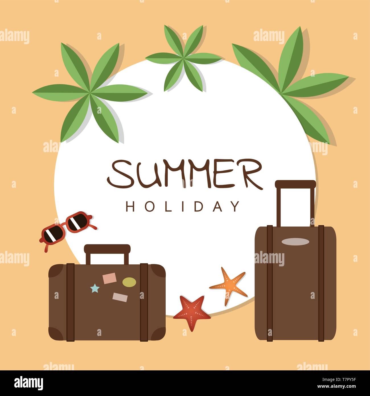 Vacanze estate design con valigia palm occhiali da sole e stelle marine illustrazione vettoriale EPS10 Illustrazione Vettoriale
