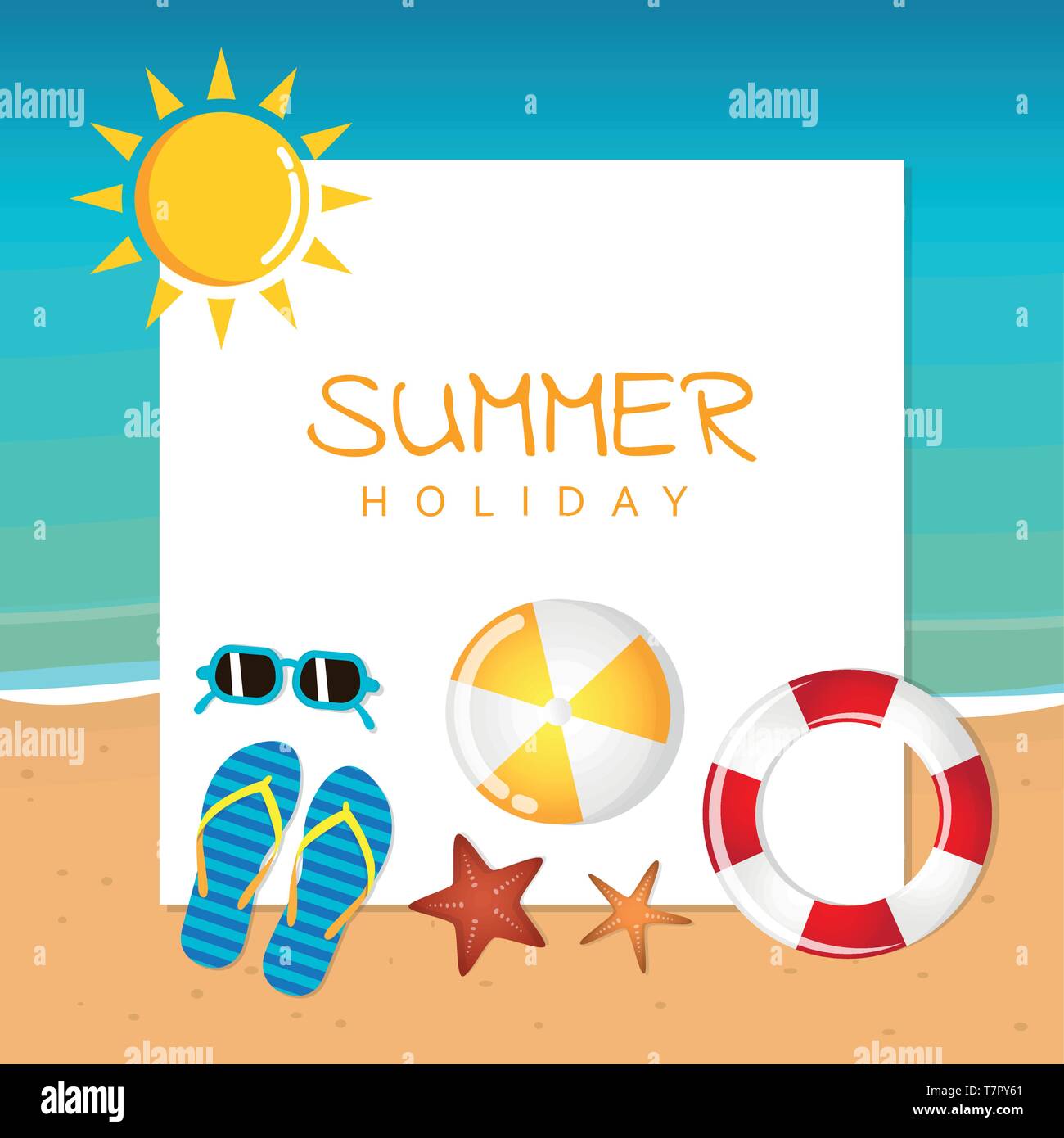 Vacanze estate design con occhiali da sole flip flop a sfera e starfish illustrazione vettoriale EPS10 Illustrazione Vettoriale