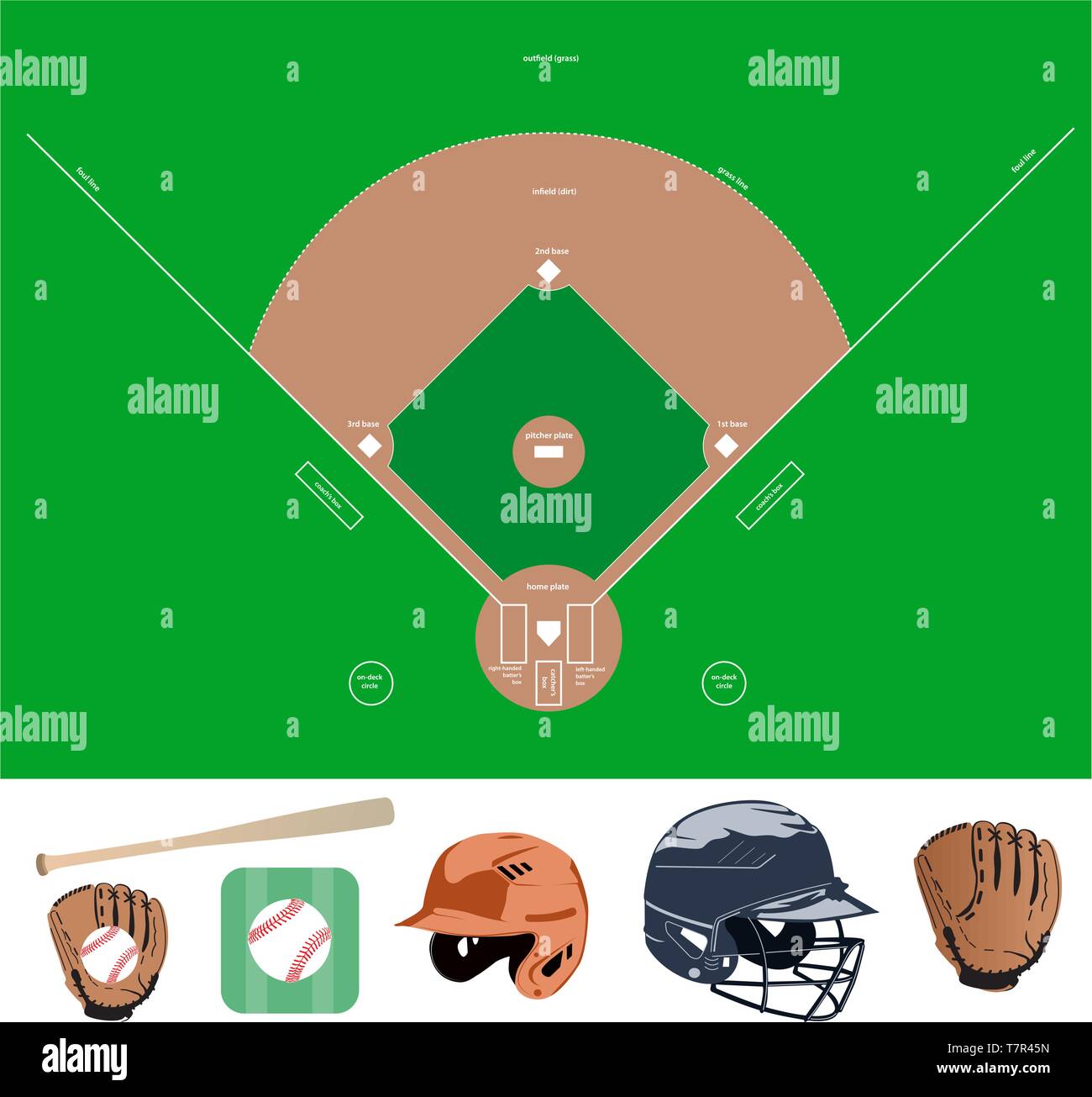 Campo da baseball e roba icone Illustrazione Vettoriale
