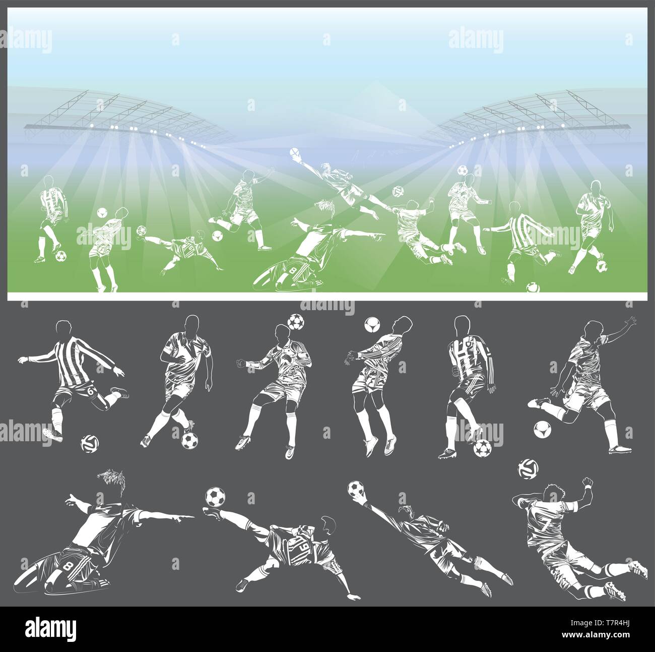 Le figure dei giocatori di calcio con stadium sullo sfondo Illustrazione Vettoriale