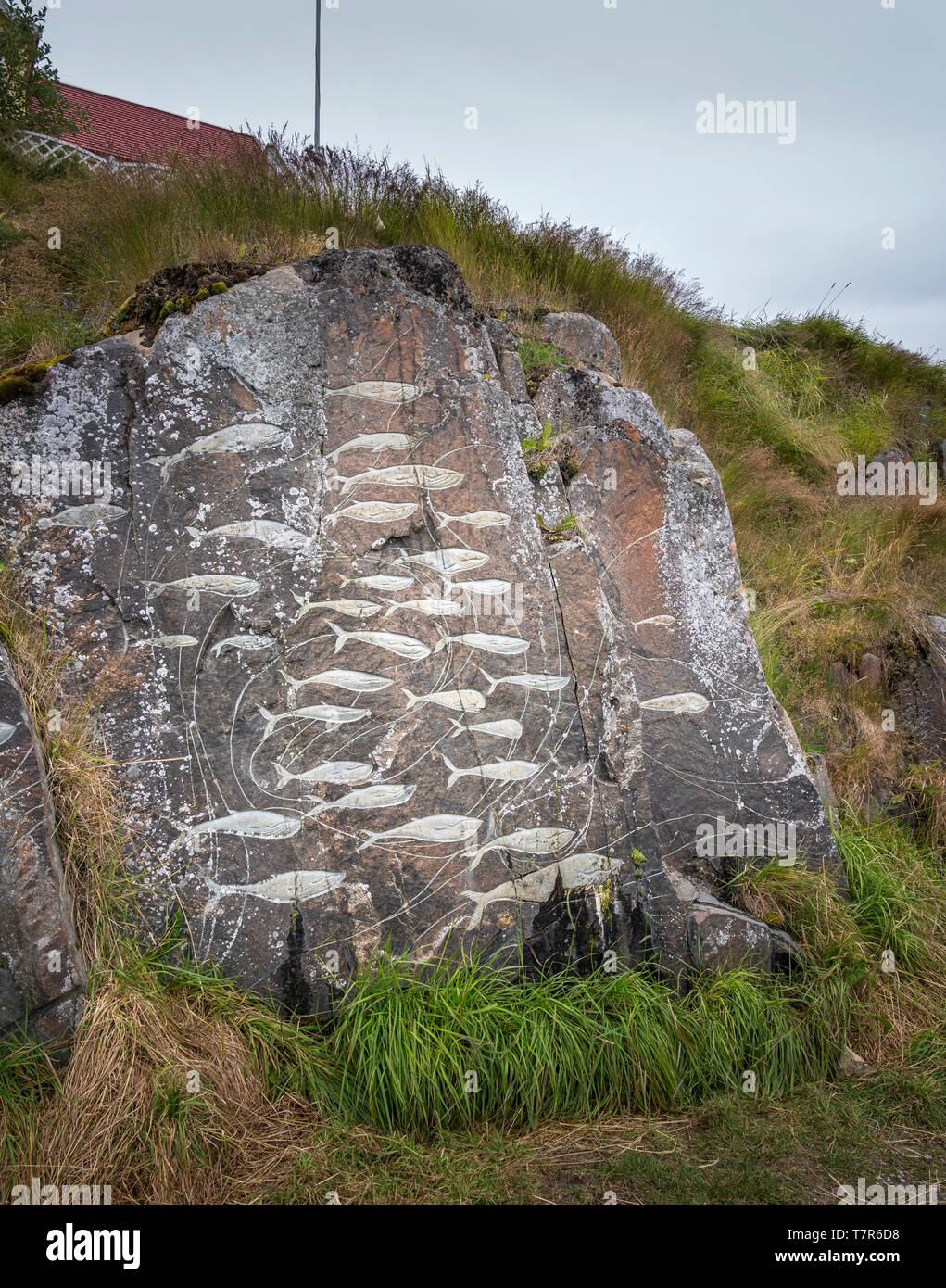 Sculture artistiche in pietra, Qaqortoq, Groenlandia Foto Stock