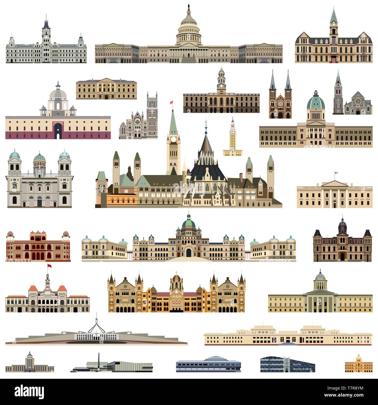 Vettore Collezione alta isolata dettagliate city hall, il Parlamento case e edifici amministrativi Illustrazione Vettoriale
