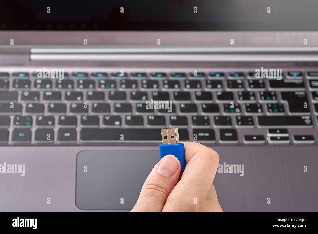 Vista ravvicinata di una donna a mano blu con supporto di memoria flash USB o un disco. Soft focus notebook color argento con tastiera sullo sfondo Foto Stock