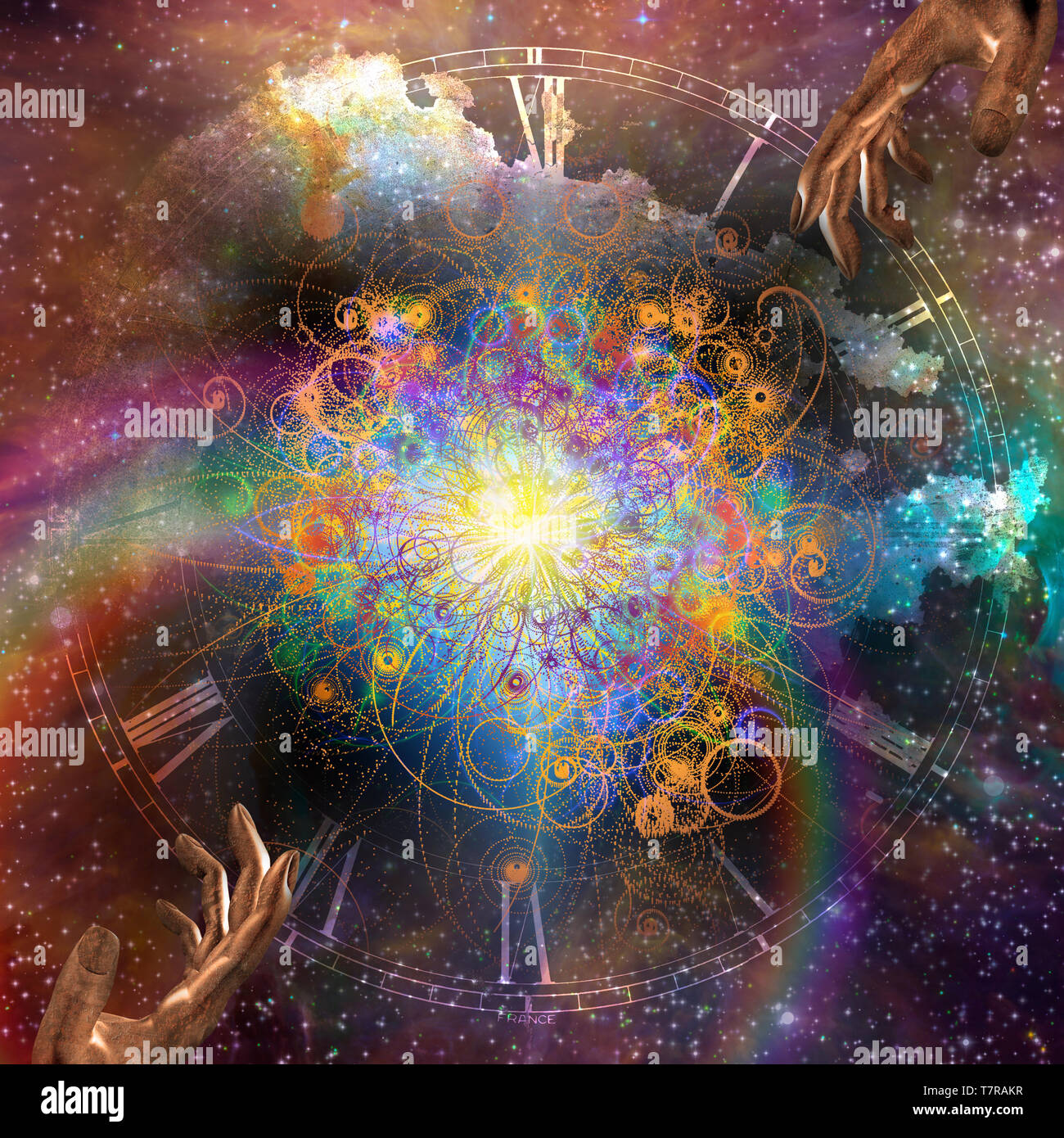 Big Bang. Creazione di tempo e di materia. Star spazio riempito con gesti delle mani Foto stock - Alamy