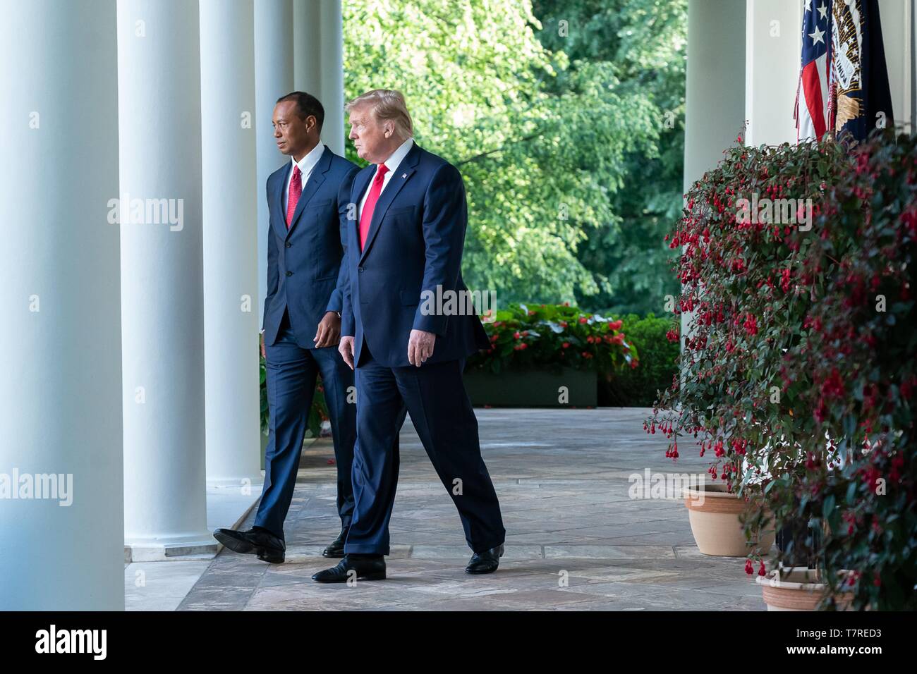 U.S presidente Donald Trump accompagnatrici golfista Tiger Woods durante la presentazione della medaglia presidenziale della libertà nel Giardino delle Rose della Casa Bianca il 6 maggio 2019 a Washington, DC. Foto Stock