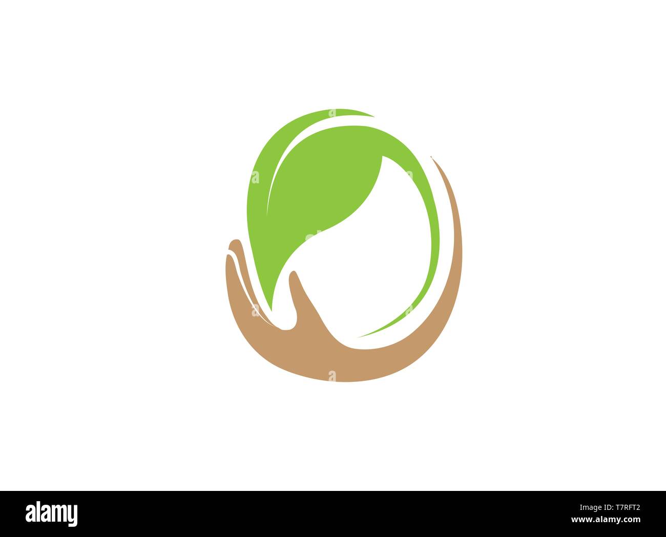 Mano e foglia per la cura delle piante e la natura logo disegno illustrazione, natura faccia icona, un simbolo su sfondo bianco Illustrazione Vettoriale