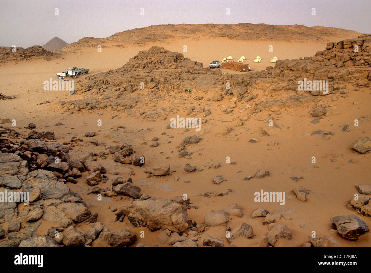 Un gruppo di persone l'impostazione di un campeggio e di preparazione per la notte nel deserto del Sahara Foto Stock