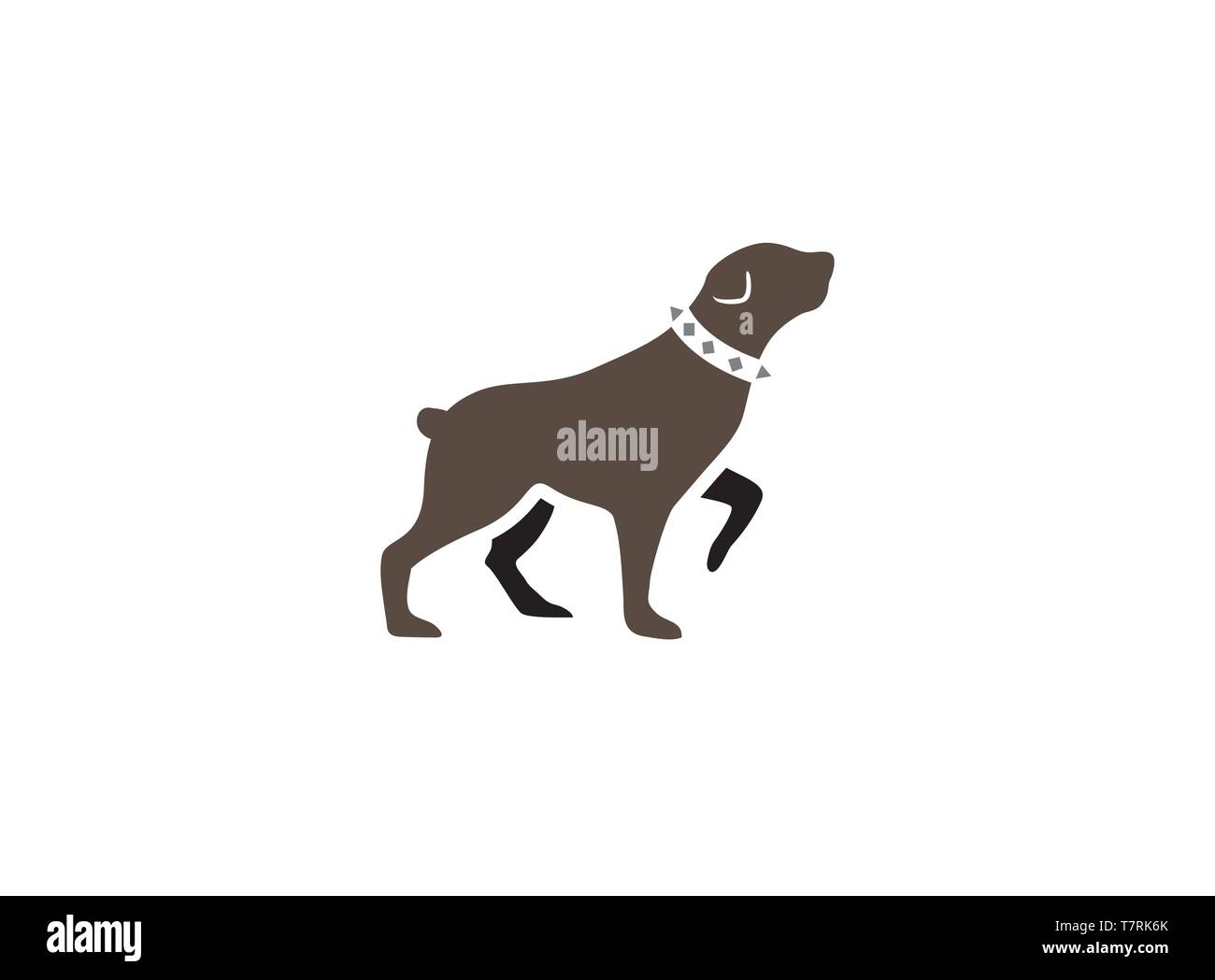 Rottweiler cane a camminare a testa e il collare nel suo collo logo design illustrazione su sfondo bianco Illustrazione Vettoriale