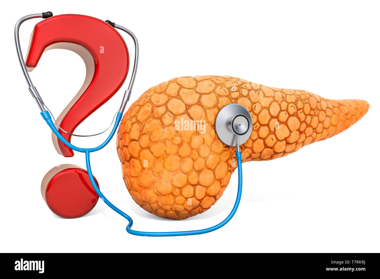 Pancreas umano con un punto interrogativo e stetoscopio. La ricerca e la diagnosi di malattie pancreatiche, concetto. 3D rendering isolati su sfondo bianco Foto Stock