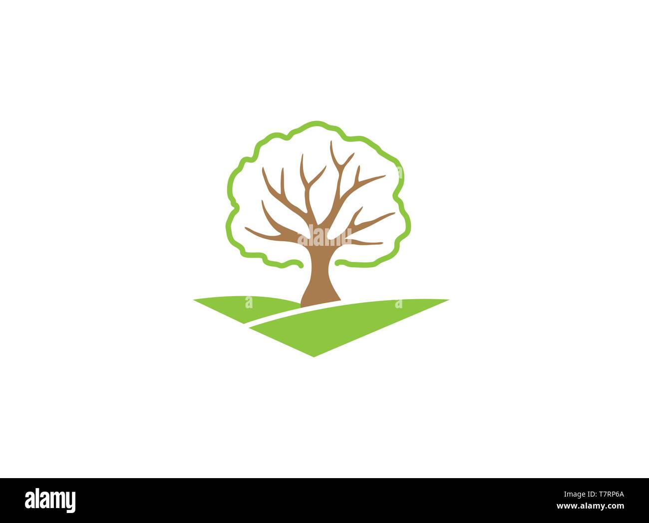 Un albero frondoso su un verde altopiano ramoscelli per la progettazione del logo Illustrazione Vettoriale