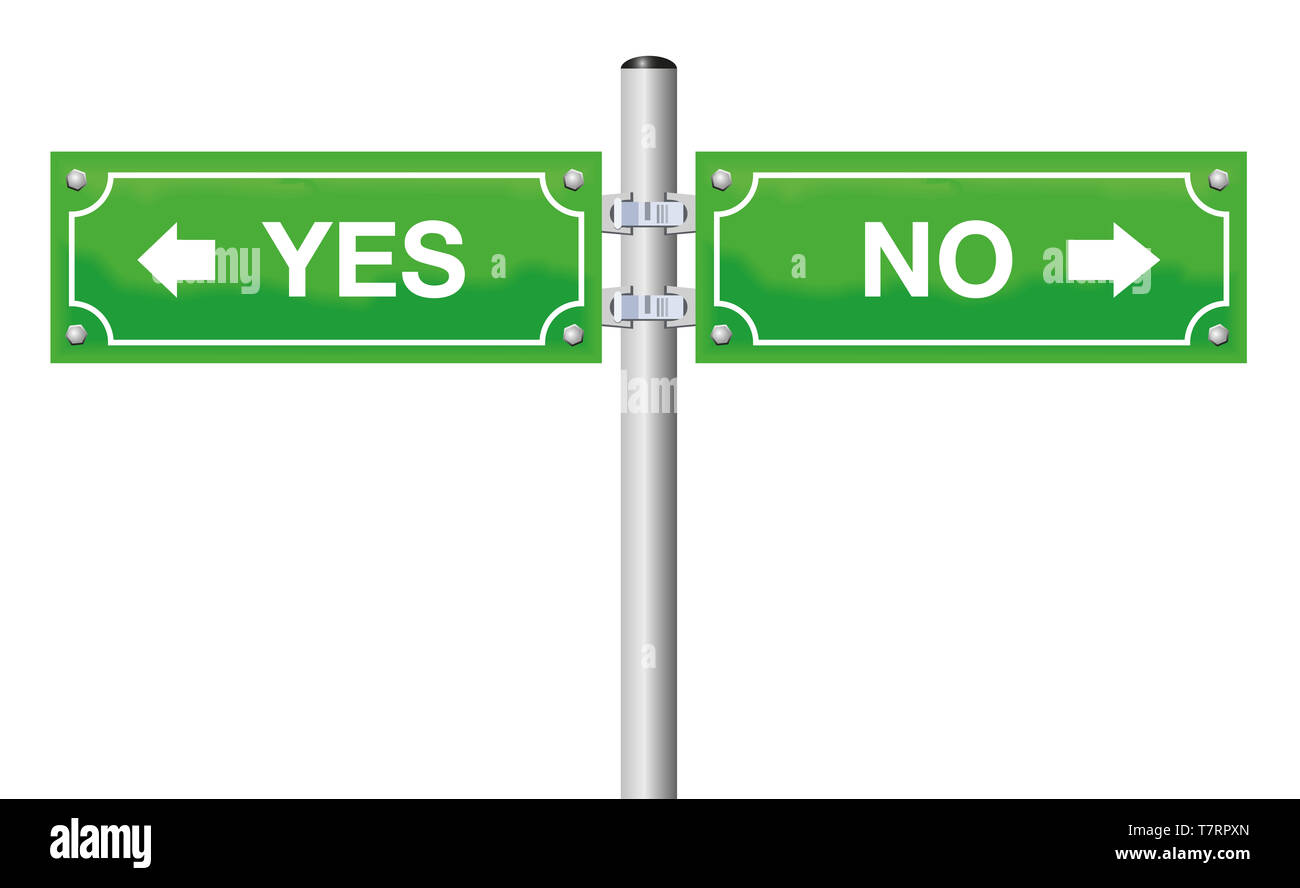 Sì No street segno segnaletica verde. Simbolo per la decisione di difficoltà. Effettuare una scelta, scegli il tuo percorso. Foto Stock
