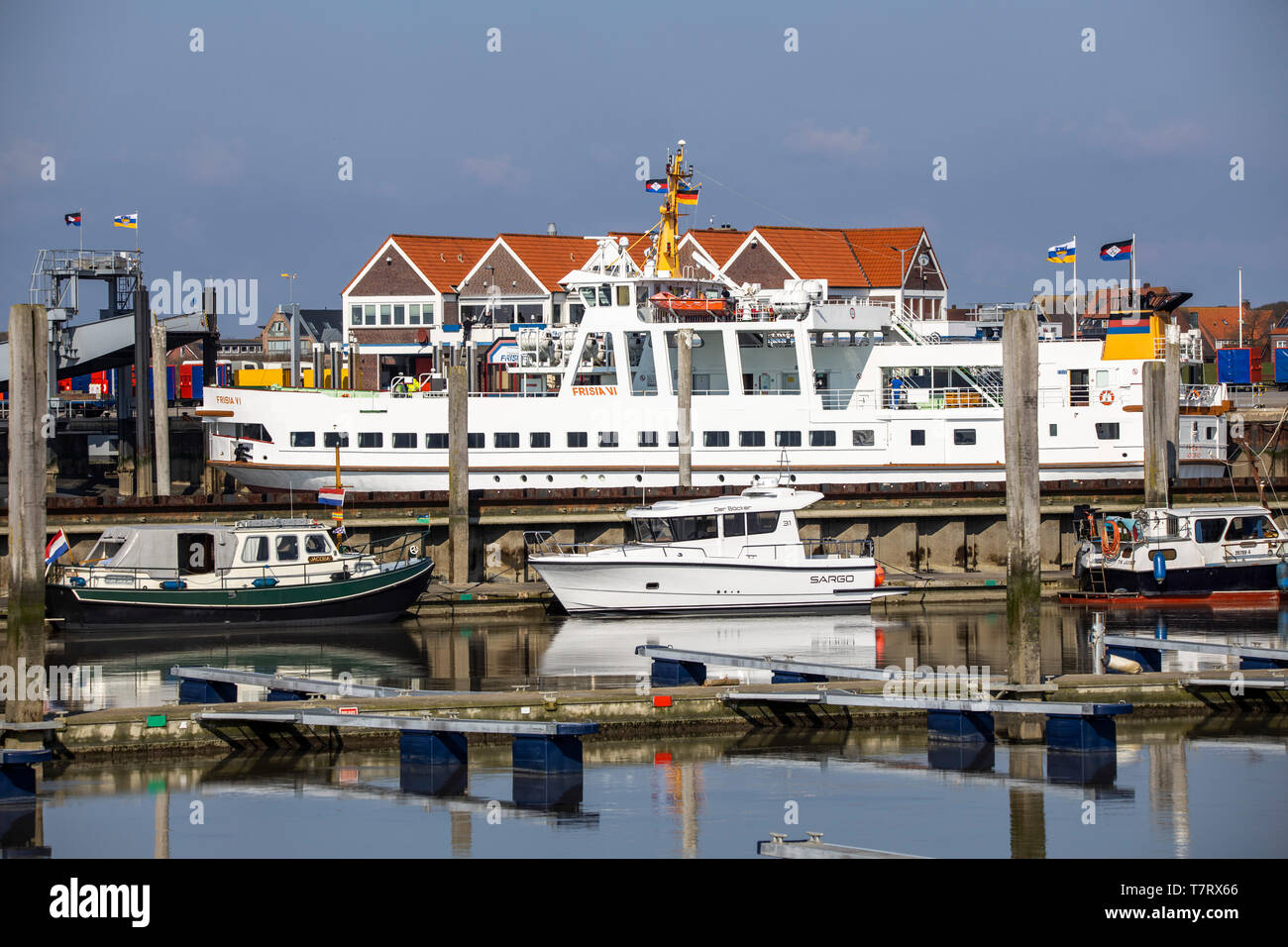 Isola del Mare del Nord Juist, Porto, porto traghetti, traghetto Frisia VI, Frisia orientale, Bassa Sassonia, Germania, Foto Stock