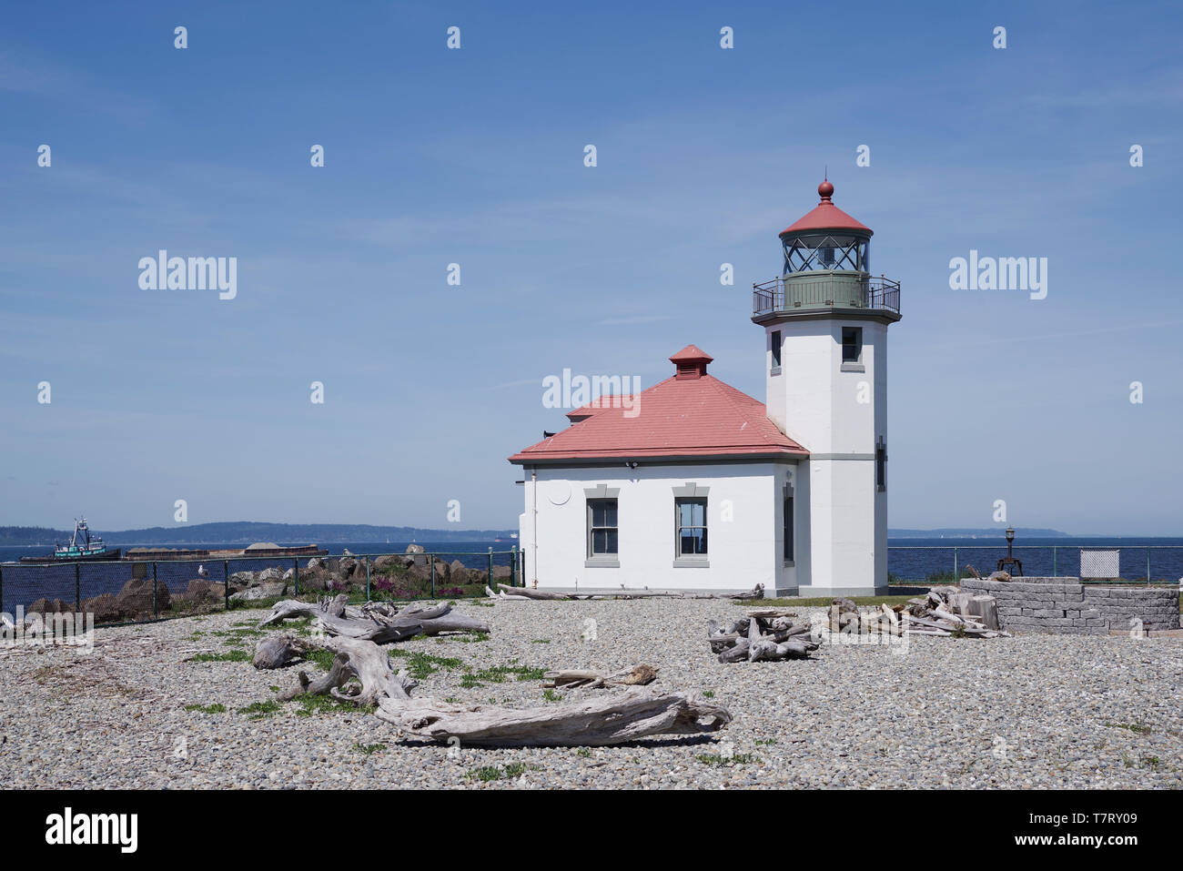 Alki Point Lighthouse a sud di Alki Beach - Seattle, nello Stato di Washington, USA Foto Stock