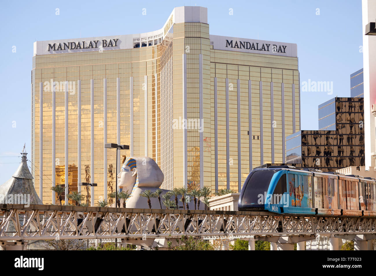 Las Vegas, Paradiso, Nevada USA, Mandalay Bay high-end hotel casino driverless Mandalay Bay TRAM monorotaia trasporto gratuito Foto Stock