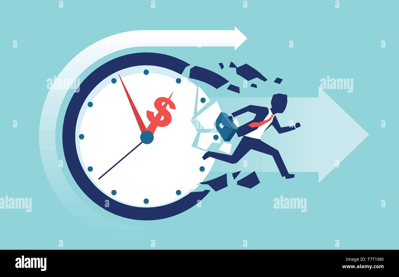 Il tempo è denaro concetto. Vettore di un imprenditore la rottura di un orologio in esecuzione per un profitto Illustrazione Vettoriale