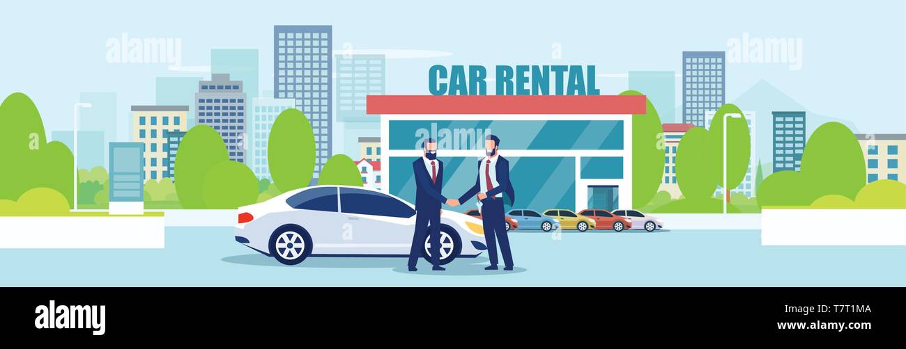 La vendita o il noleggio auto concetto. Vettore di un venditore fornendo chiavi di automobili per un cliente in una città sullo sfondo dello showroom Illustrazione Vettoriale