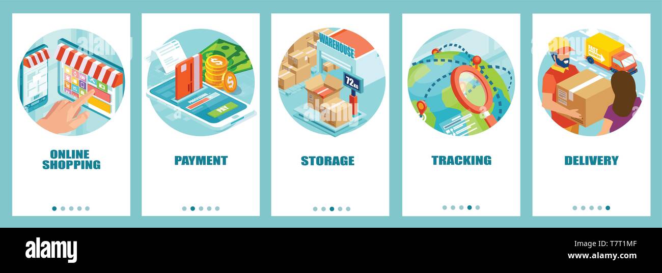 Lo shopping online, pagamento del magazzino di stoccaggio, la consegna e il concetto di tracking. Vettore modello di banner per il sito web e lo sviluppo di dispositivi mobili. Illustrazione Vettoriale