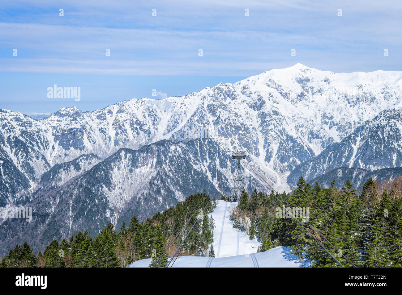 Montagna con neve in villaggi Okuhida Shinhotaka teleferica nella Prefettura di Gifu, Giappone park con cielo blu sulla giornata di primavera Foto Stock