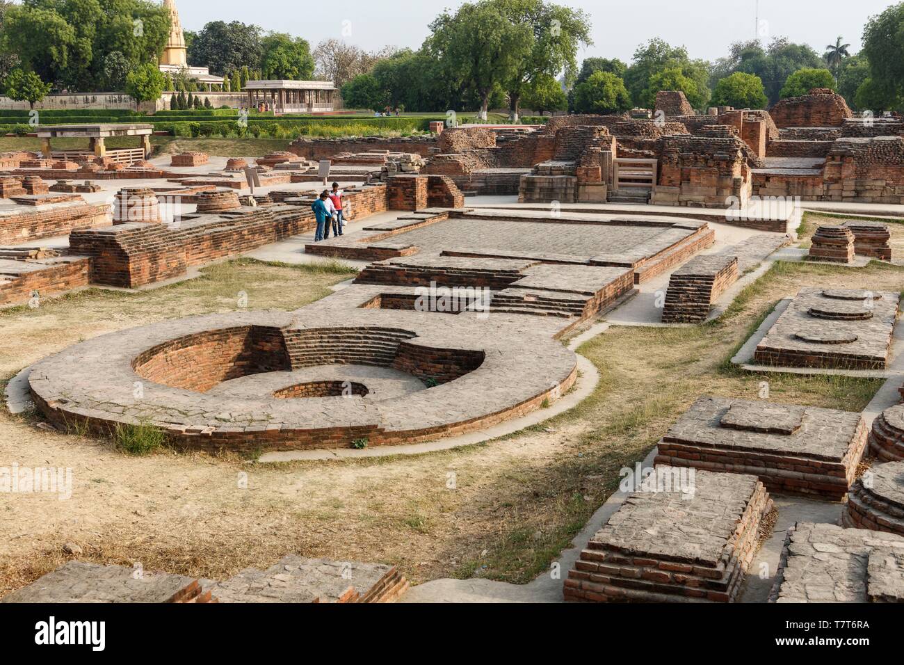 India, Uttar Pradesh, Sarnath, sito archeologico, monasteri bouddhist rovine Foto Stock