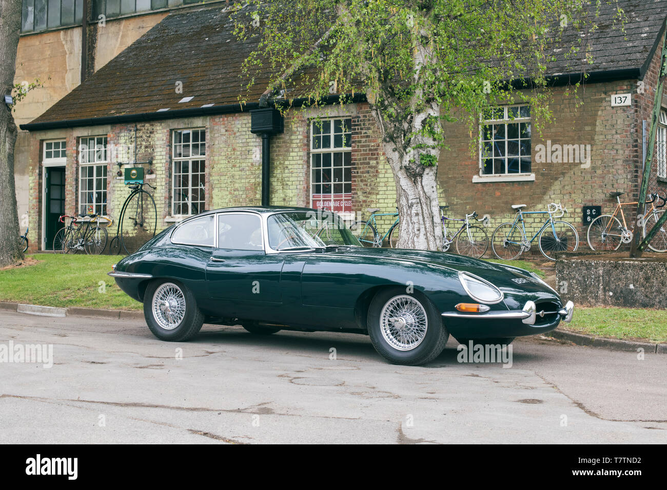 1965 E type Jaguar auto a Bicester Heritage Centre 'Drive giorno'. Bicester, Oxfordshire, Inghilterra Foto Stock