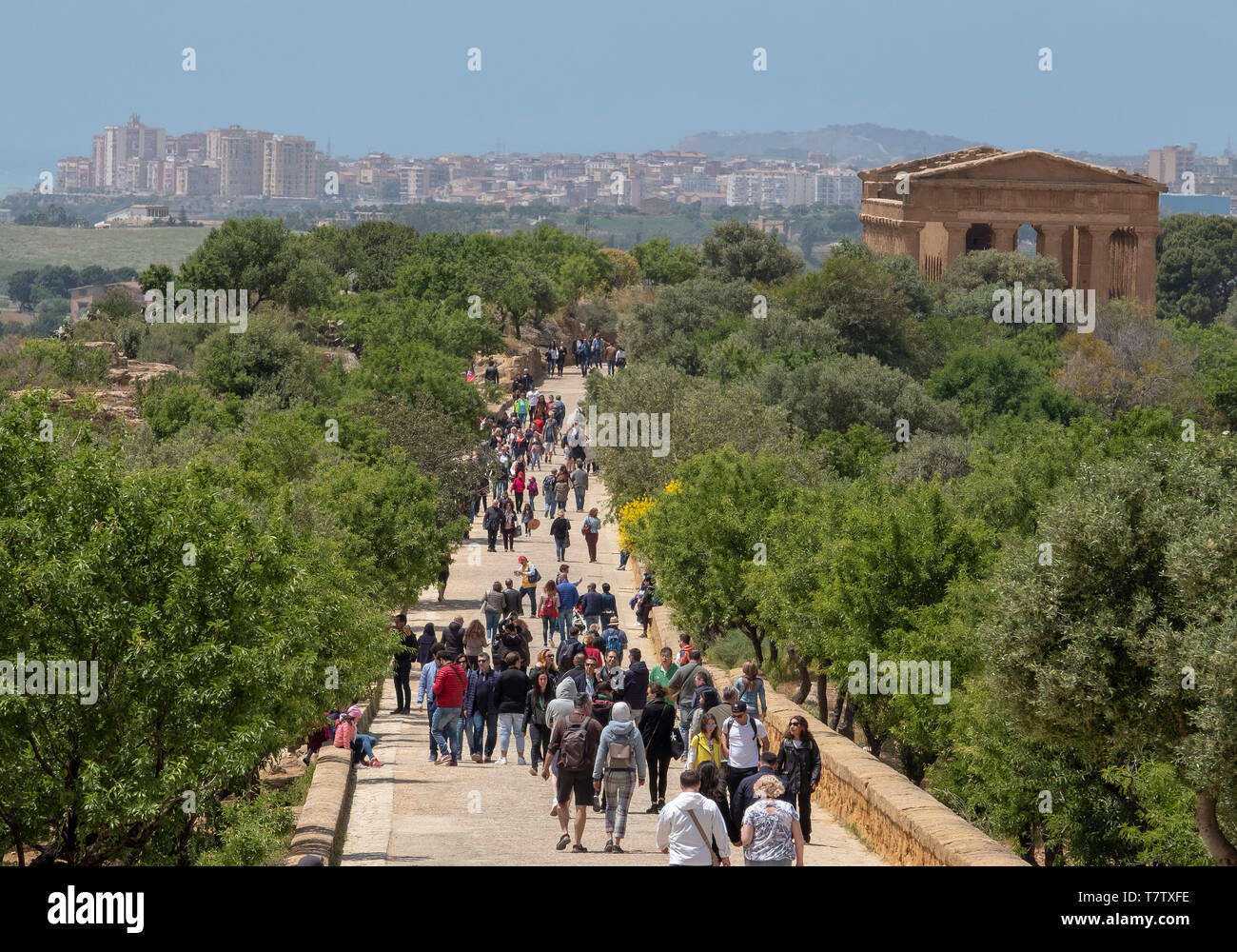 La folla che visita la Valle dei Templi sito Patrimonio Mondiale dell'Unesco a Agrigento, in Sicilia. Foto Stock