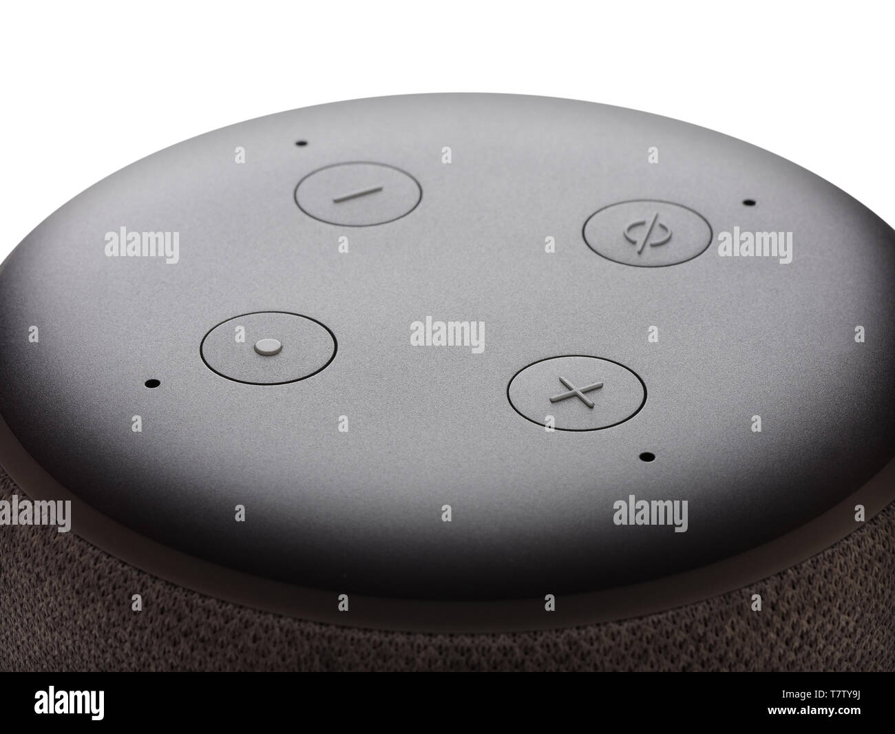 Smart speaker closeup roating 360 gradi looping su sfondo bianco 4k Foto Stock