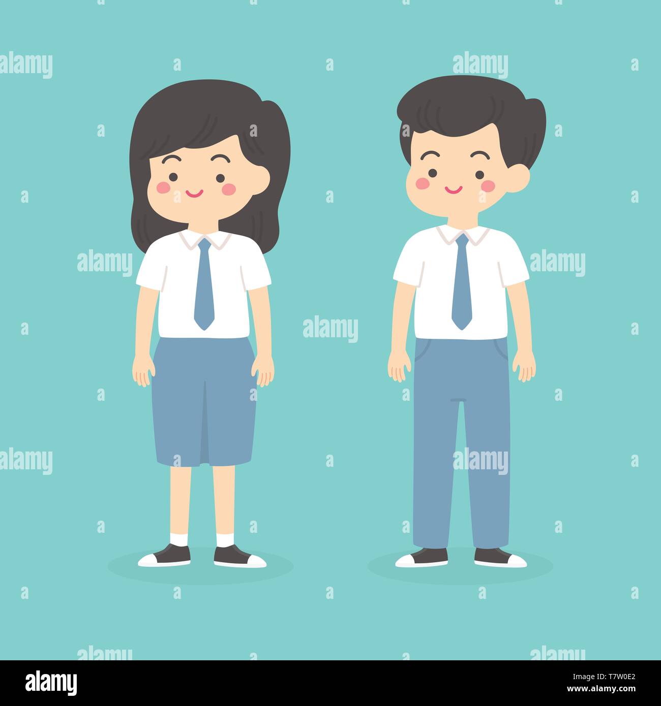 Carino Indonesian Senior High School ragazza ragazzo che indossa il grigio e il bianco uniforme del fumetto illustrazione vettoriale Illustrazione Vettoriale