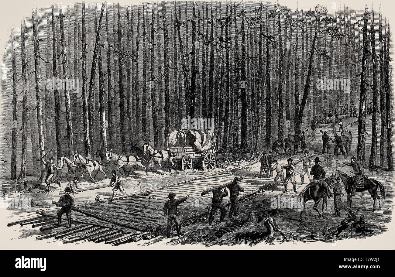 Concessione per la campagna - la costruzione di una strada in velluto a coste nei boschi vicino al Weldon Railroad. La guerra civile americana, 1864 Foto Stock
