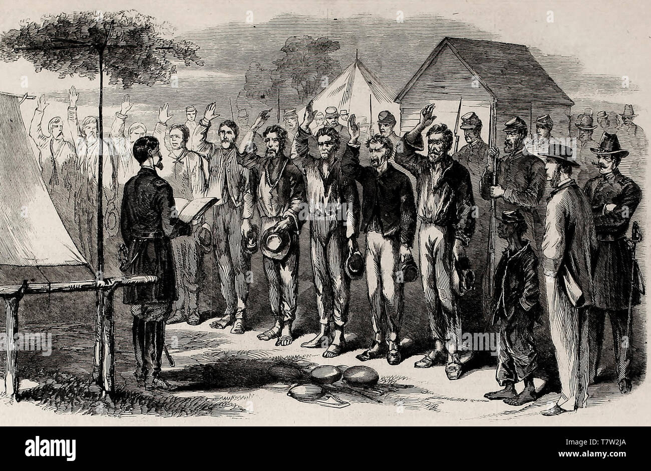 Concessione per la campagna - Amministrazione del giuramento di fedeltà ai prigionieri di ribelli nei pressi di Gap olandese. La guerra civile americana, 1864 Foto Stock
