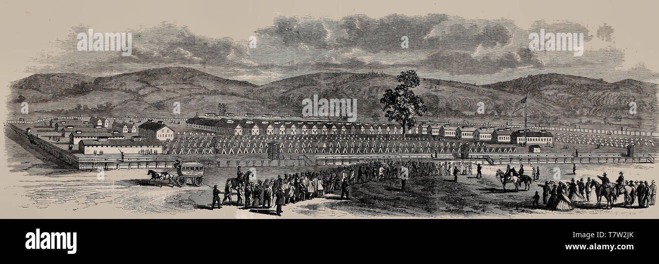 La reception di ribelli detenuti nella prigione, Elmira, New York durante la Guerra Civile Americana, 1864 Foto Stock