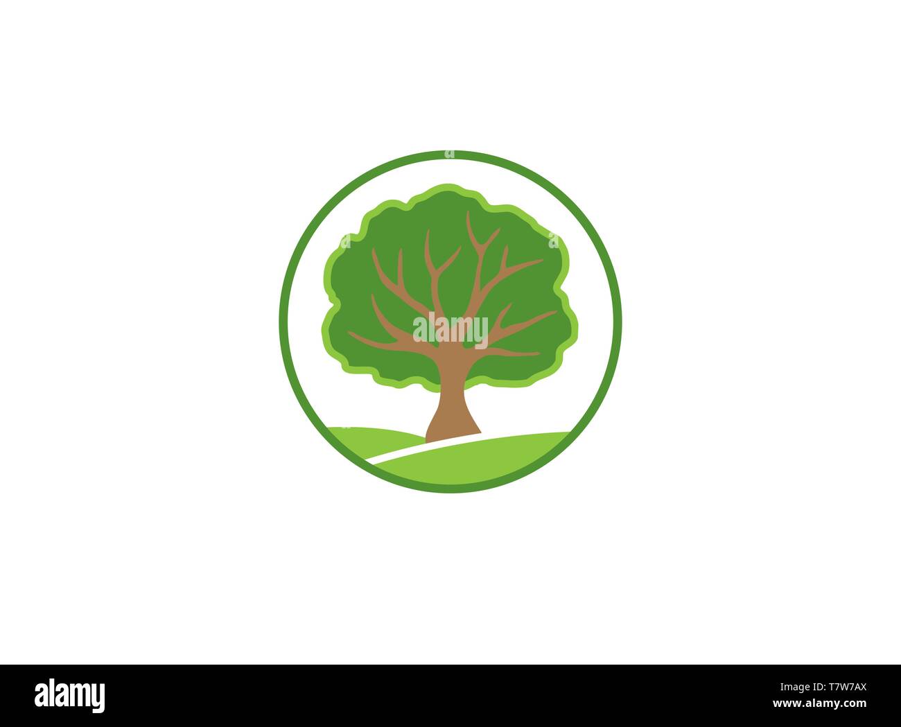 Cerchio di albero un albero frondoso su un altopiano verde, ramoscelli logo disegno vettoriale Illustrazione Vettoriale