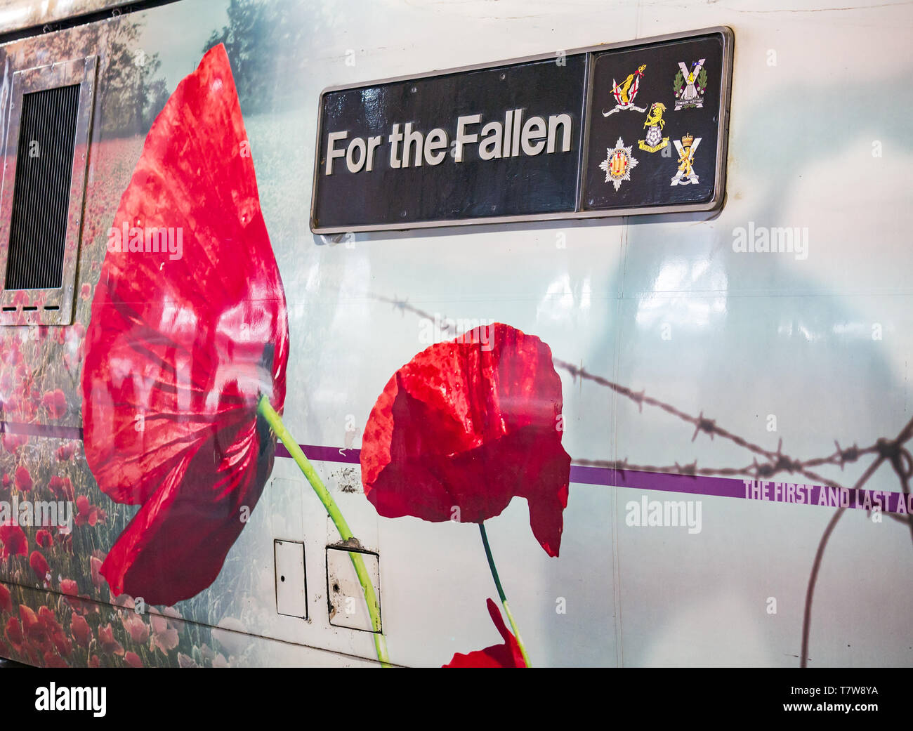 Livrea commemorativa del giorno dell'armistizio, treno della costa orientale con papaveri rossi per i caduti, Regno Unito Foto Stock