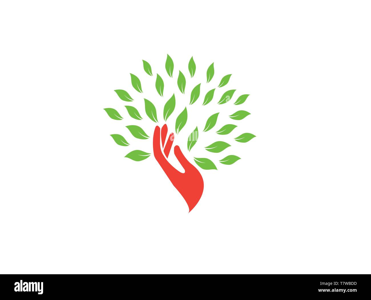 Tronco di albero mano e foglie verdi logo design illustrator, icona della natura Illustrazione Vettoriale