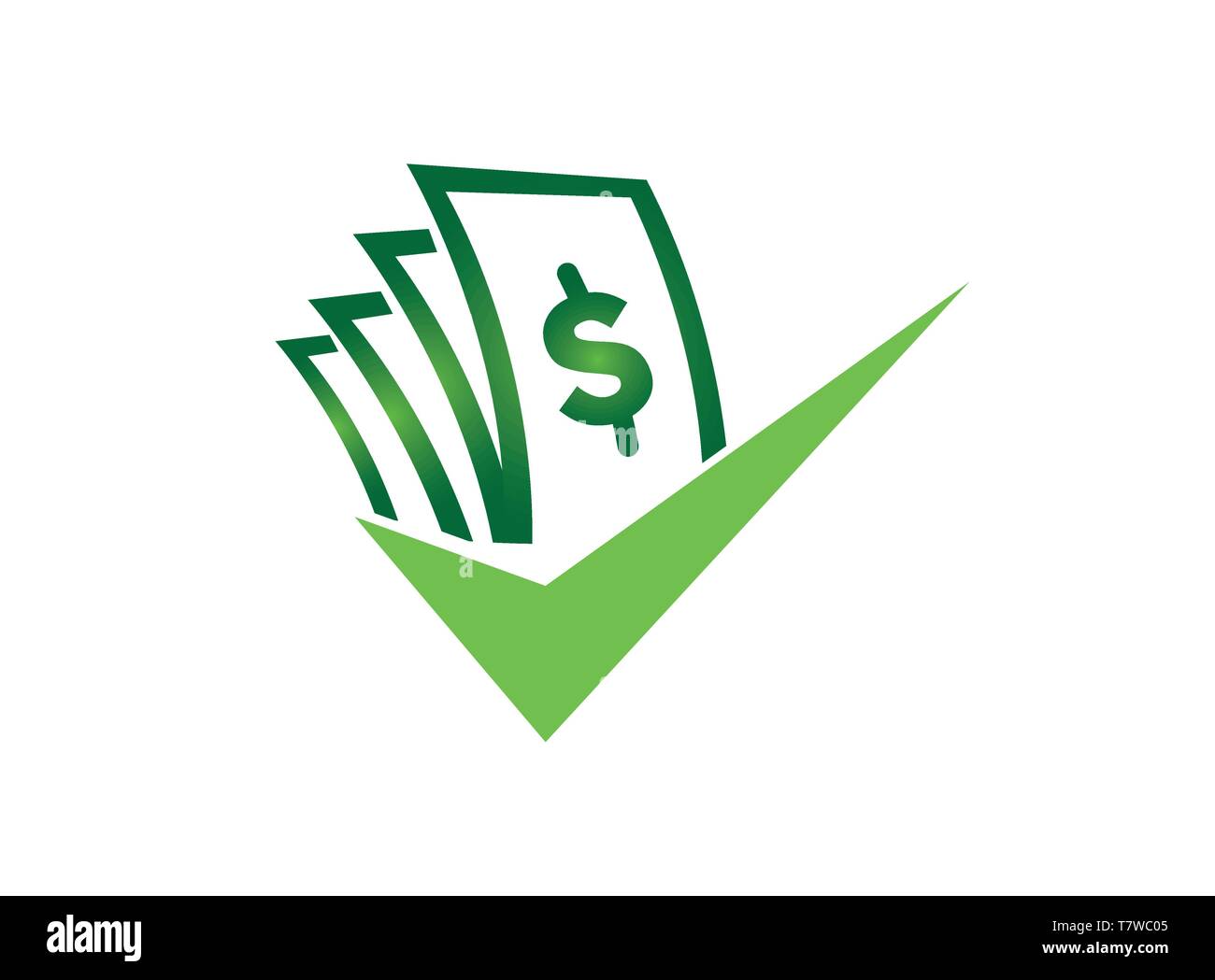 Soldi con il segno di spunta per il logo design illustrator, buon affare simbolo, investimento icona di business Illustrazione Vettoriale