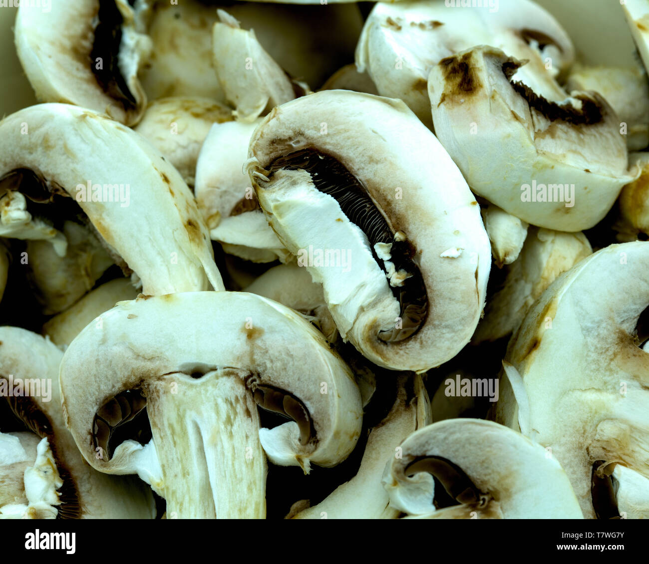 Alcuni circa di funghi freschi tagliati pronto per essere trasformato in un pasto vegetariano. Foto Stock