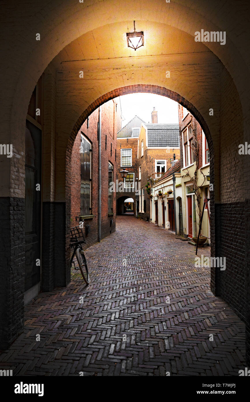 Illuminato percorso scuro attraversando la residenza di Amsterdam, Paesi Bassi Foto Stock