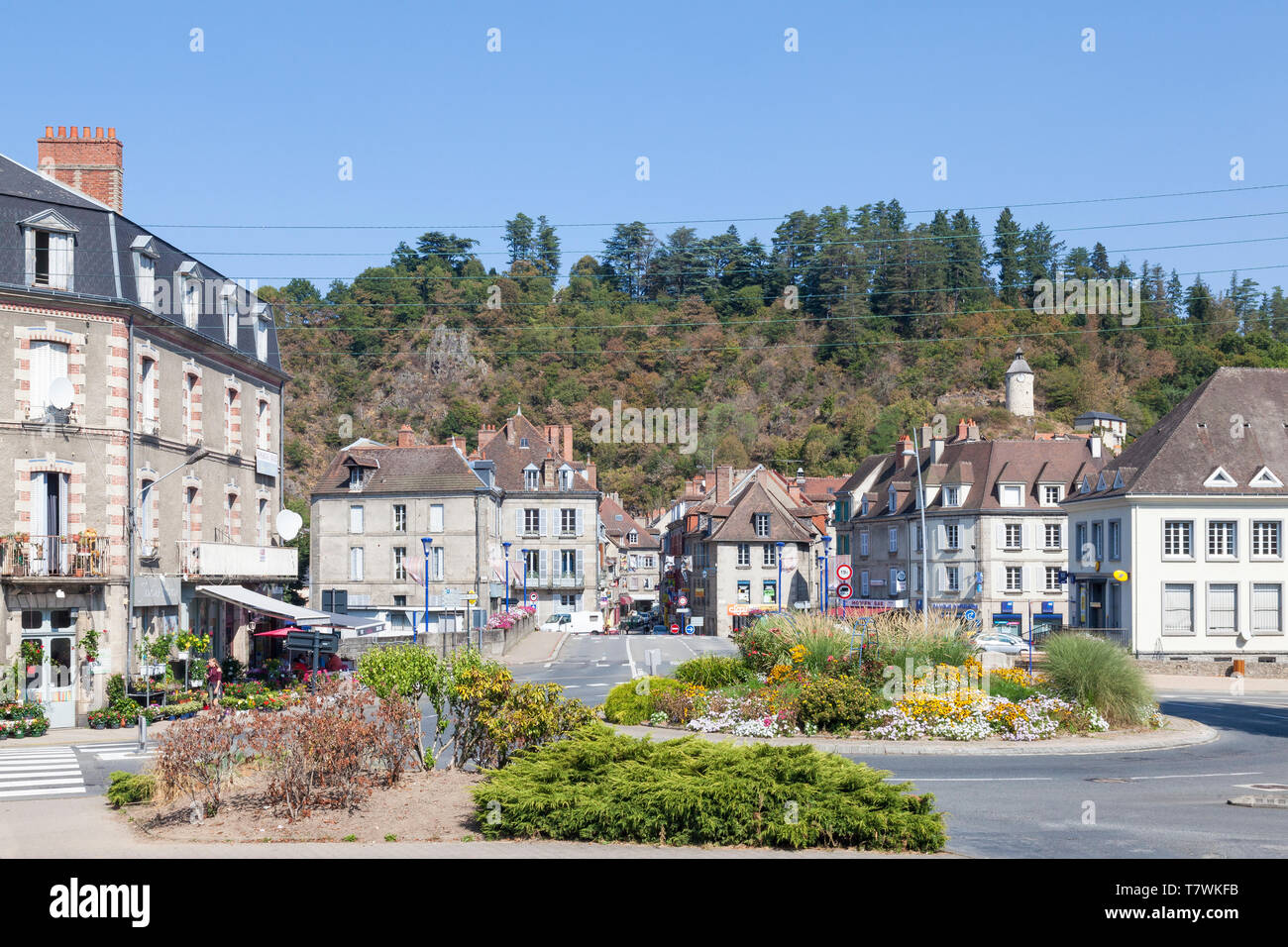 Ingresso Aubussson old town center, Creuse, Nouvelle-Aquitaine, Francia. Aubusson è il cuore del 550 anno vecchio arazzo francese dell'industria, Foto Stock