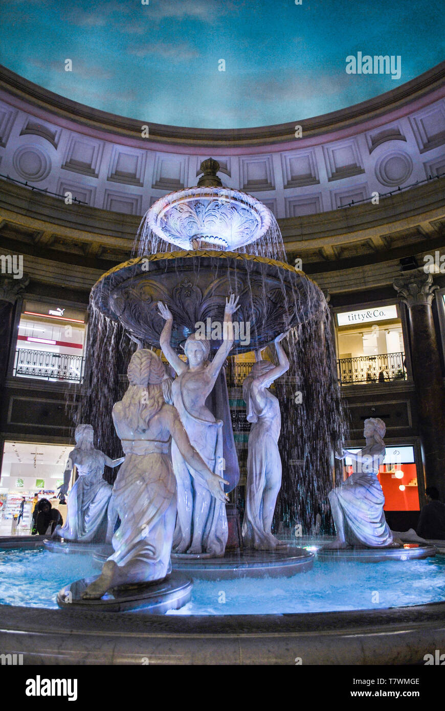 Fountain Plaza in Venere Fort Shopping Centre, una alta toweringly coperto plaza assillano con un cerchio di colonne in pietra, e si è concentrata su una fontana gigante bor Foto Stock