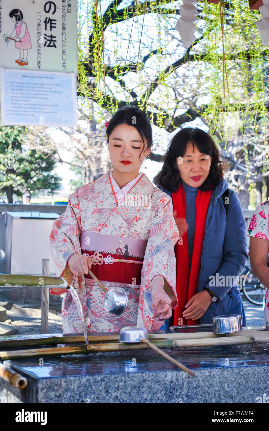 Una donna facendo il cerimoniale di rito di purificazione nel chōzuya temizuya o. Sensō-ji. Asakusa, Tokyo, Giappone. Foto Stock