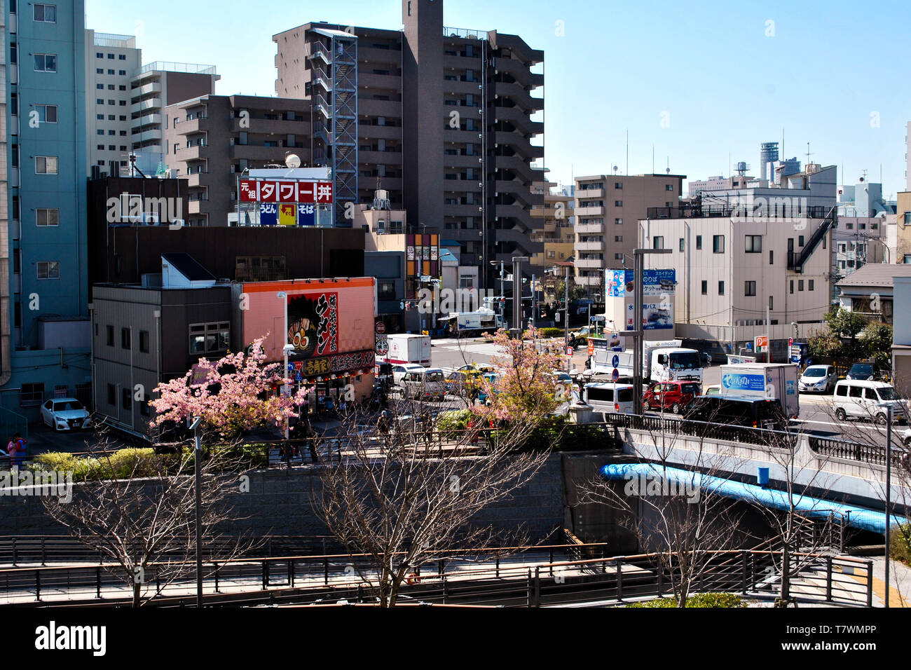 Attraversamenti sul fiume tra gli edifici e parchi. Crociere sul fiume Sumida. Sumida, Tokyo, Giappone. Foto Stock