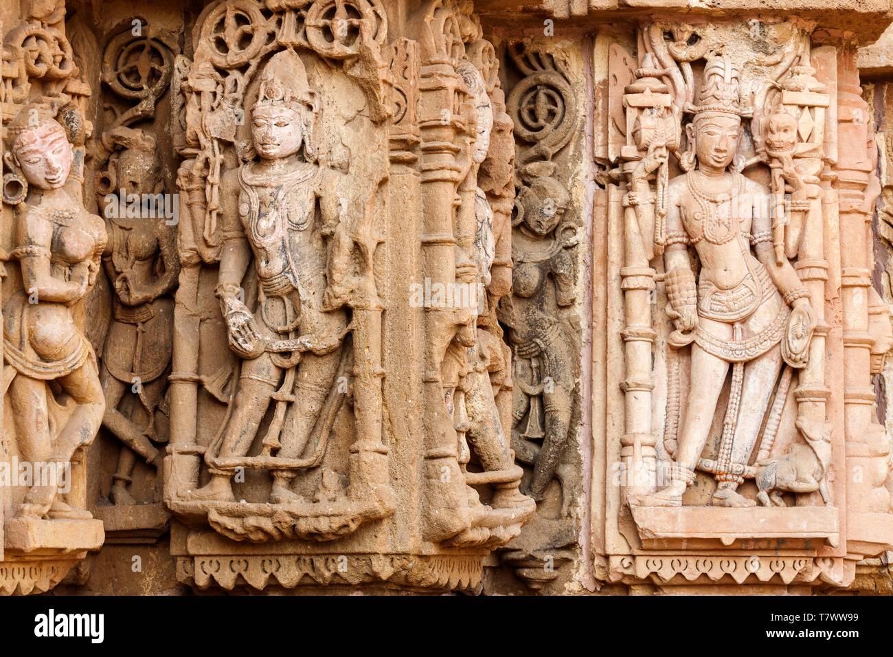 India, Madhya Pradesh, Omkareshwar, Somnath Gauri tempio, scultura Foto Stock