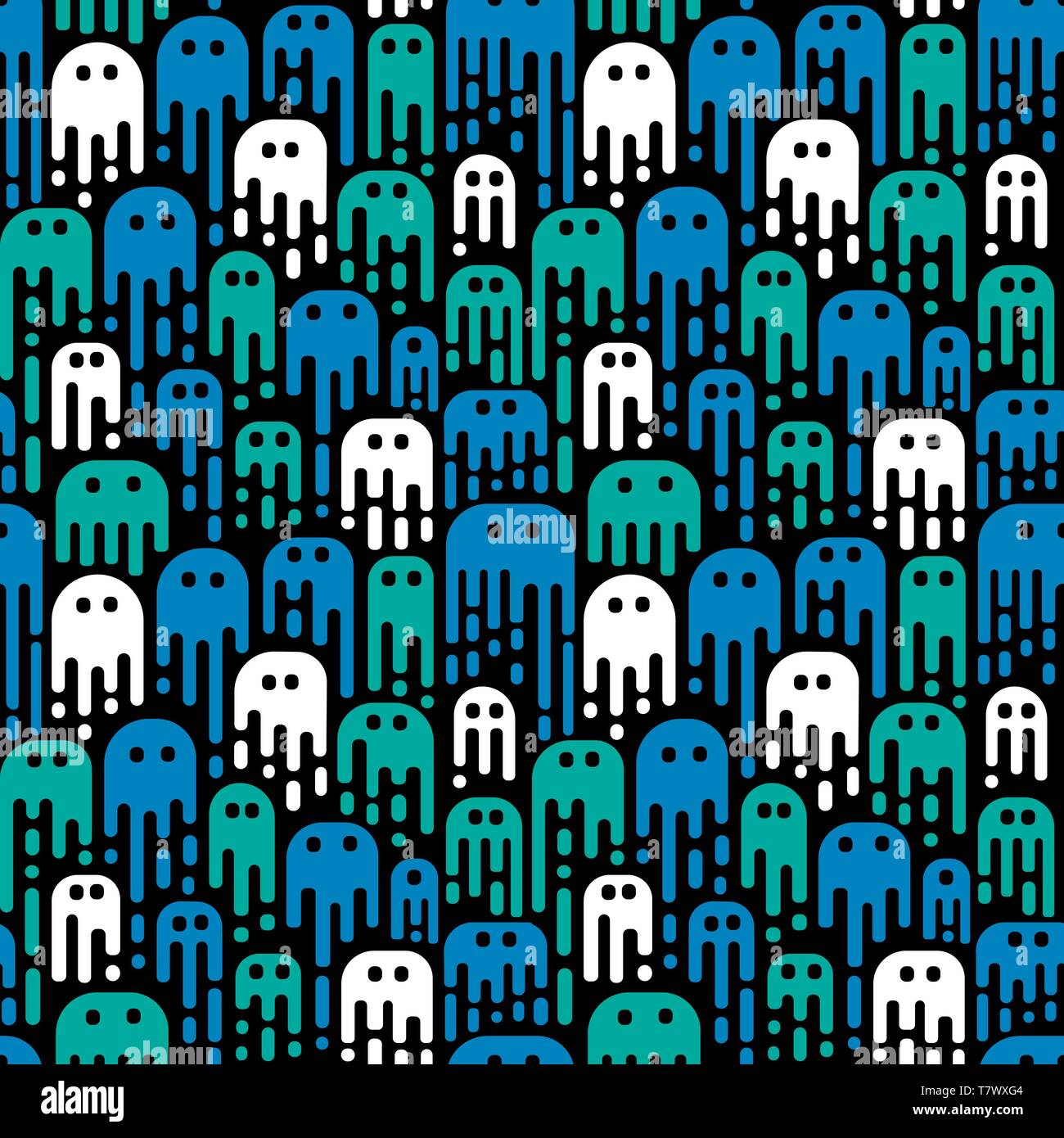 Cartoon carino fantasmi su uno sfondo nero. Vector seamless pattern. L'uso nella progettazione di Halloween o per bambini pattern. Illustrazione Vettoriale