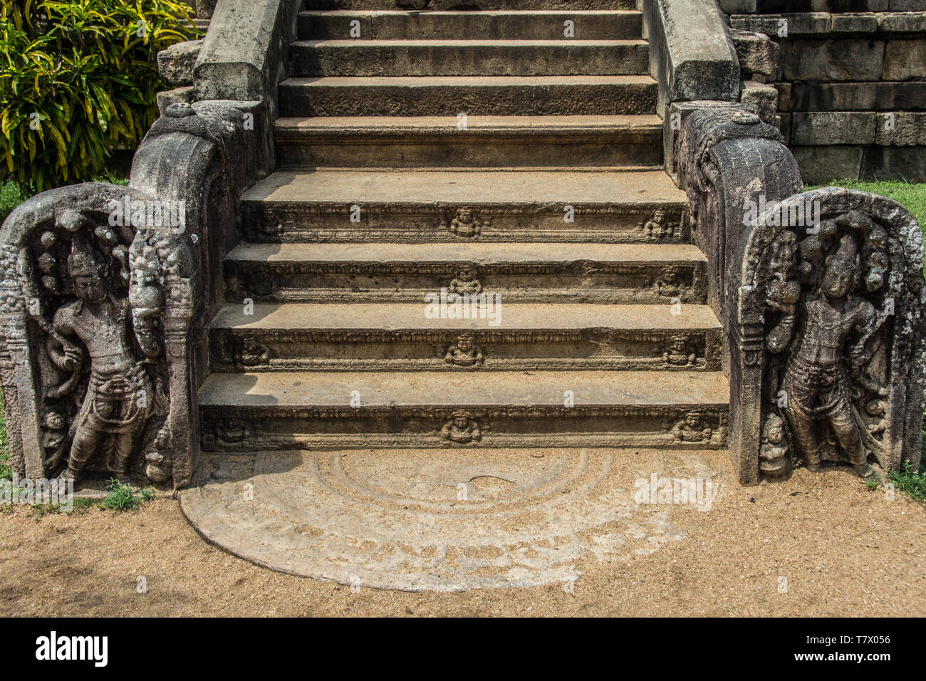 Sri Lanka viaggio, giorno 4: guardstones e una pietra di luna semicircolare alla base dei passi presso il Tempio Isurumuniya nel Palazzo Reale complesso, Anurad Foto Stock