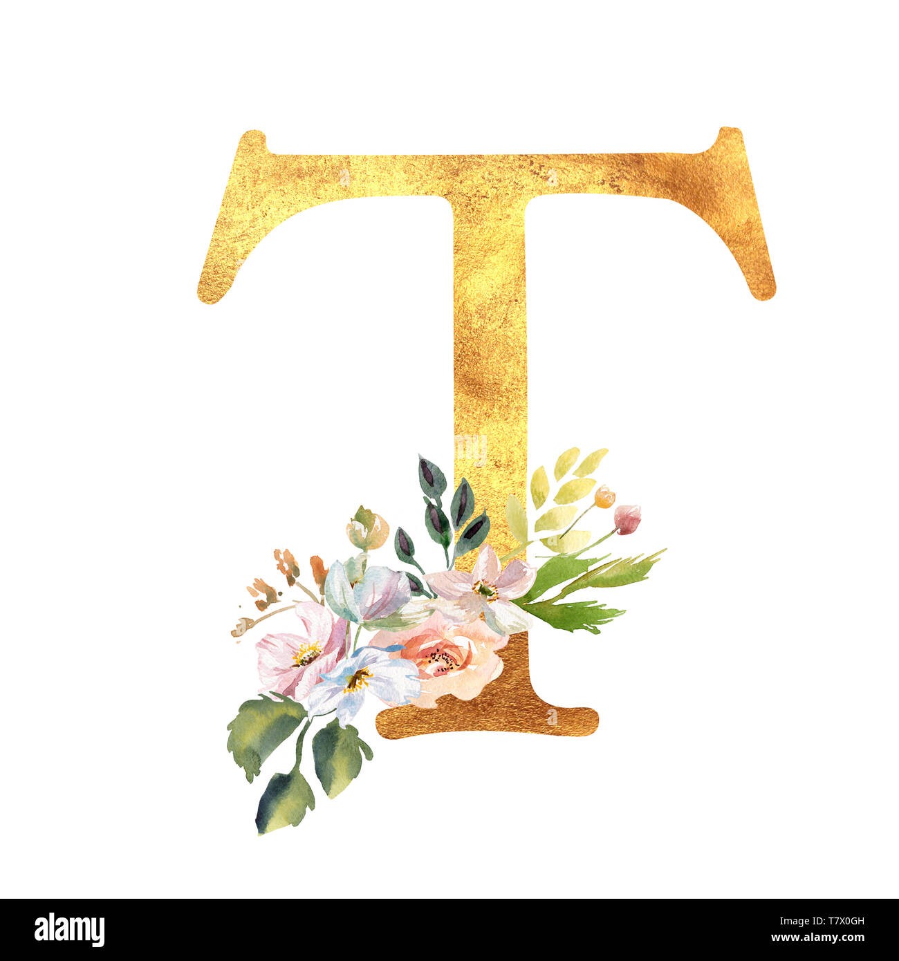 Oro romantica lettera A con disegnati fiori ad acquerello. Emblema elegante per progettazione libro, marca, invito a nozze grazie card. Foto Stock